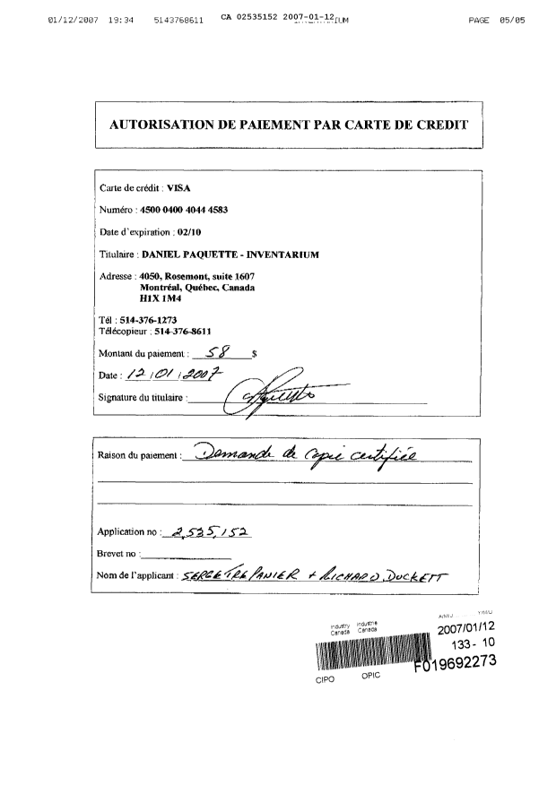 Document de brevet canadien 2535152. Correspondance 20070112. Image 5 de 5