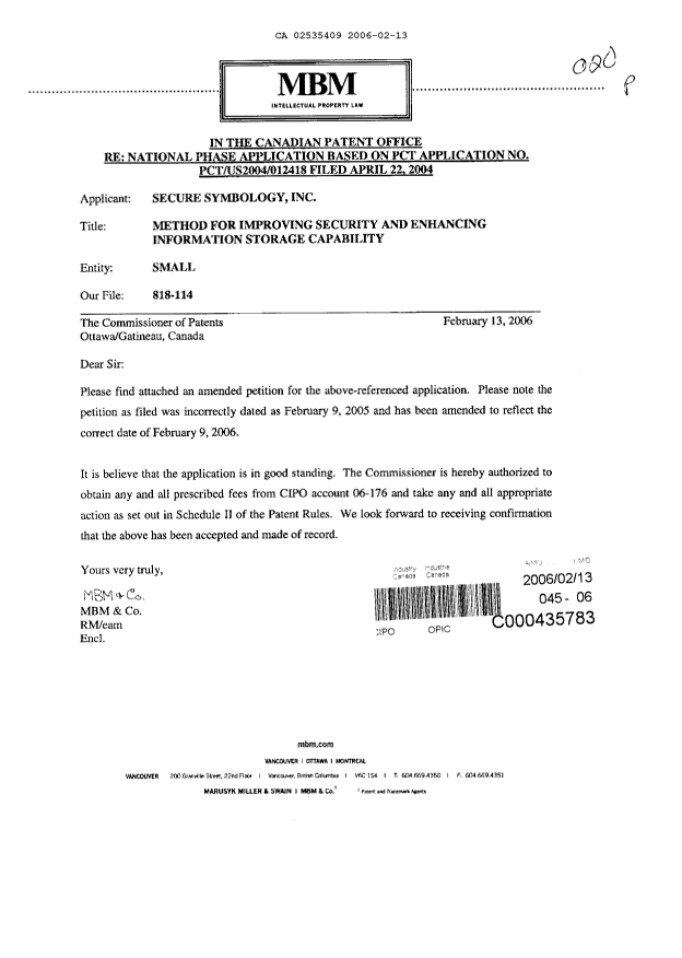 Canadian Patent Document 2535409. Correspondence 20060213. Image 1 of 3