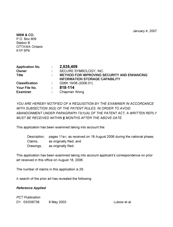 Canadian Patent Document 2535409. Prosecution-Amendment 20070104. Image 1 of 3