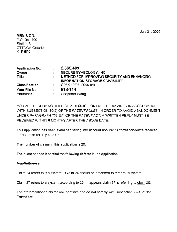 Canadian Patent Document 2535409. Prosecution-Amendment 20070731. Image 1 of 2