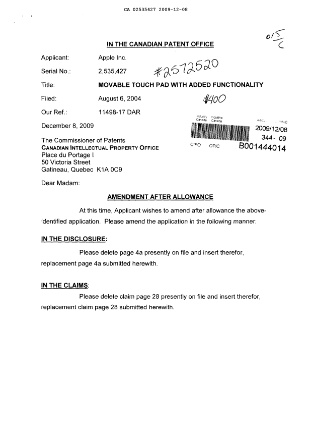 Canadian Patent Document 2535427. Prosecution-Amendment 20091208. Image 1 of 4