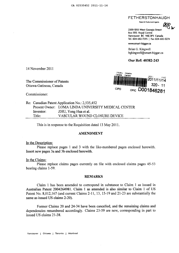 Canadian Patent Document 2535452. Prosecution-Amendment 20111114. Image 1 of 16
