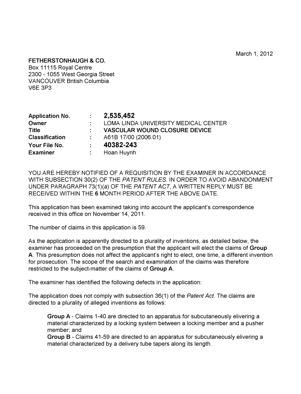 Canadian Patent Document 2535452. Prosecution-Amendment 20120301. Image 1 of 2