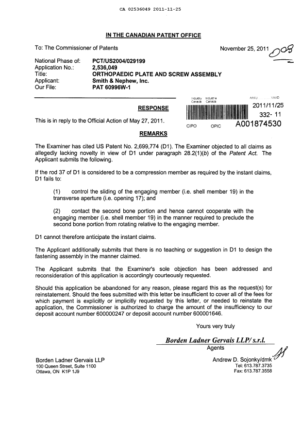 Document de brevet canadien 2536049. Poursuite-Amendment 20101225. Image 1 de 1
