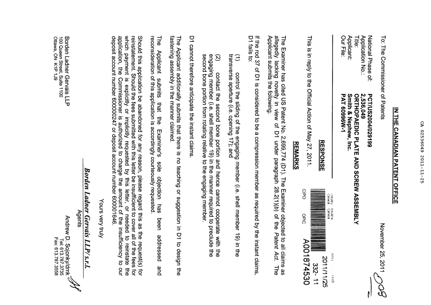 Canadian Patent Document 2536049. Prosecution-Amendment 20101225. Image 1 of 1