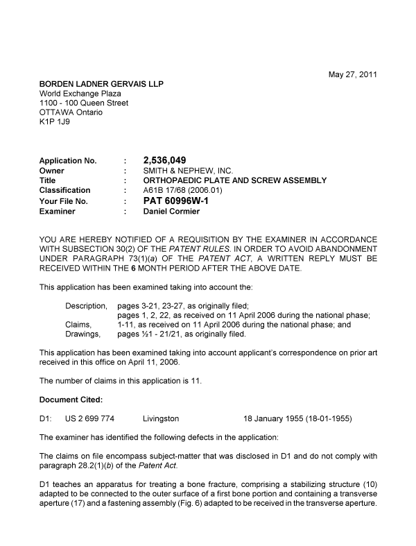 Document de brevet canadien 2536049. Poursuite-Amendment 20101227. Image 1 de 2