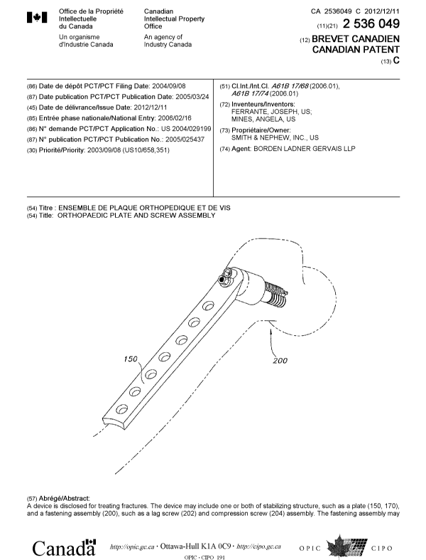 Document de brevet canadien 2536049. Page couverture 20111215. Image 1 de 2