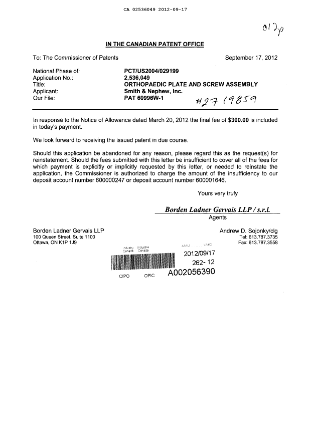Canadian Patent Document 2536049. Correspondence 20111217. Image 1 of 1