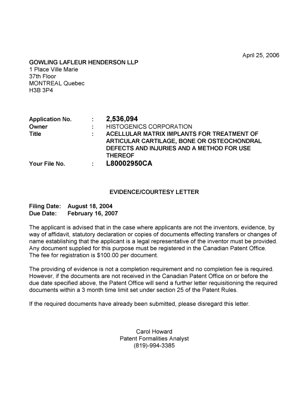 Document de brevet canadien 2536094. Correspondance 20060418. Image 1 de 1