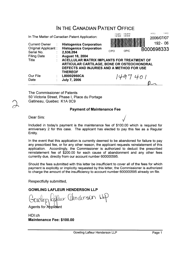 Document de brevet canadien 2536094. Taxes 20060707. Image 1 de 1