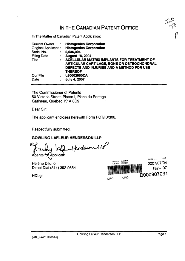 Document de brevet canadien 2536094. Correspondance 20070704. Image 1 de 2