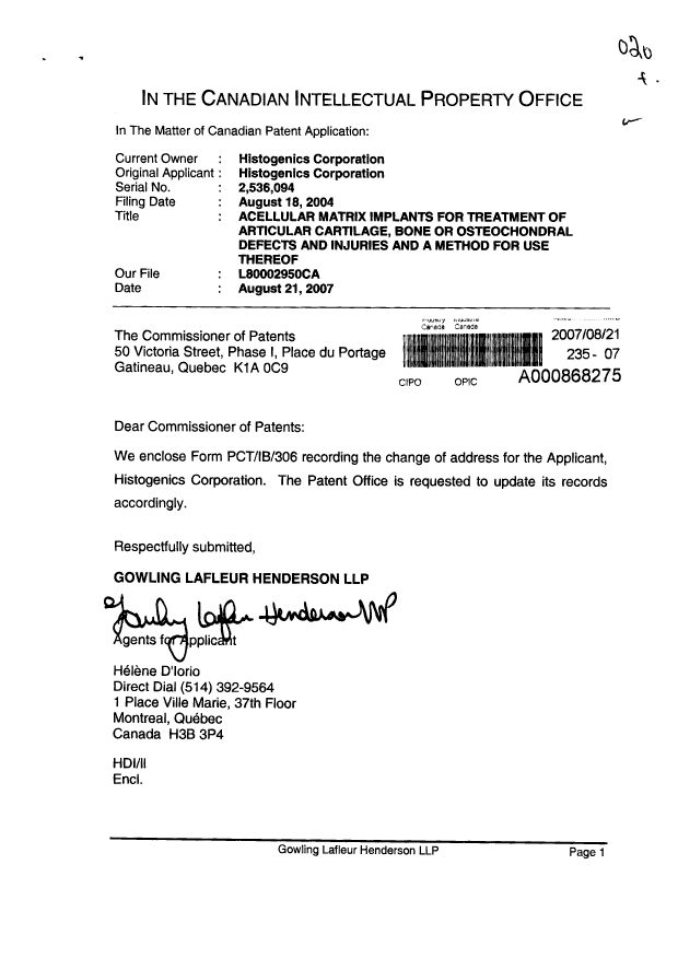 Document de brevet canadien 2536094. Correspondance 20070821. Image 1 de 2