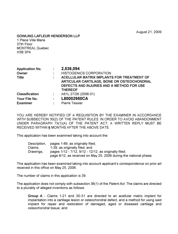 Document de brevet canadien 2536094. Poursuite-Amendment 20090821. Image 1 de 7