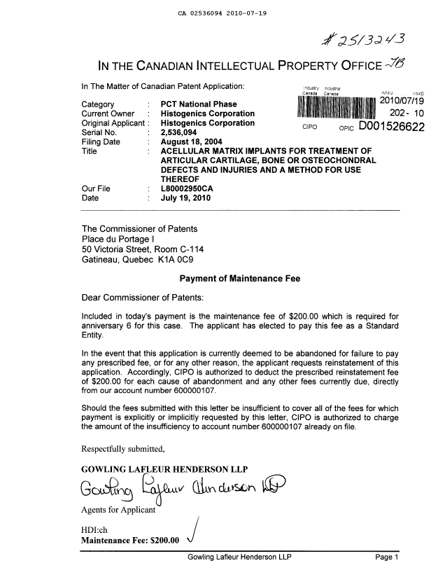 Document de brevet canadien 2536094. Taxes 20100719. Image 1 de 1