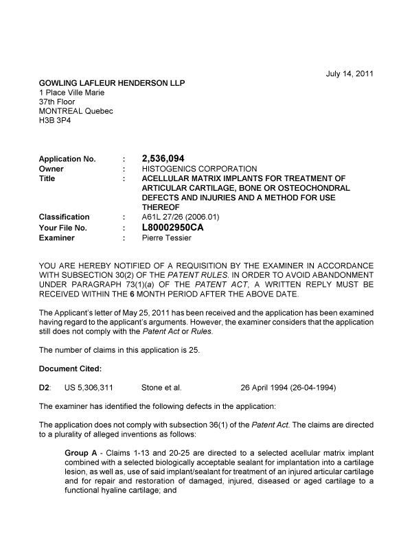 Document de brevet canadien 2536094. Poursuite-Amendment 20110714. Image 1 de 2