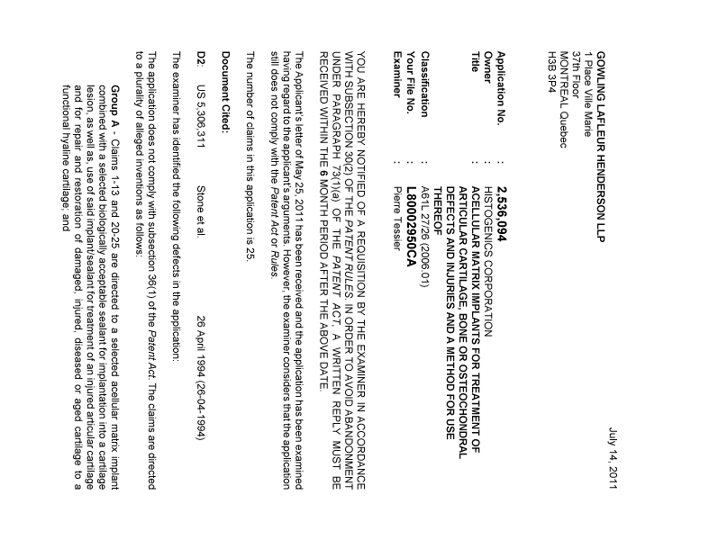 Canadian Patent Document 2536094. Prosecution-Amendment 20110714. Image 1 of 2
