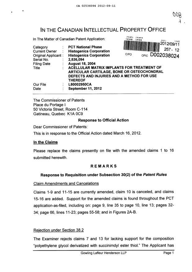 Canadian Patent Document 2536094. Prosecution-Amendment 20120911. Image 1 of 6
