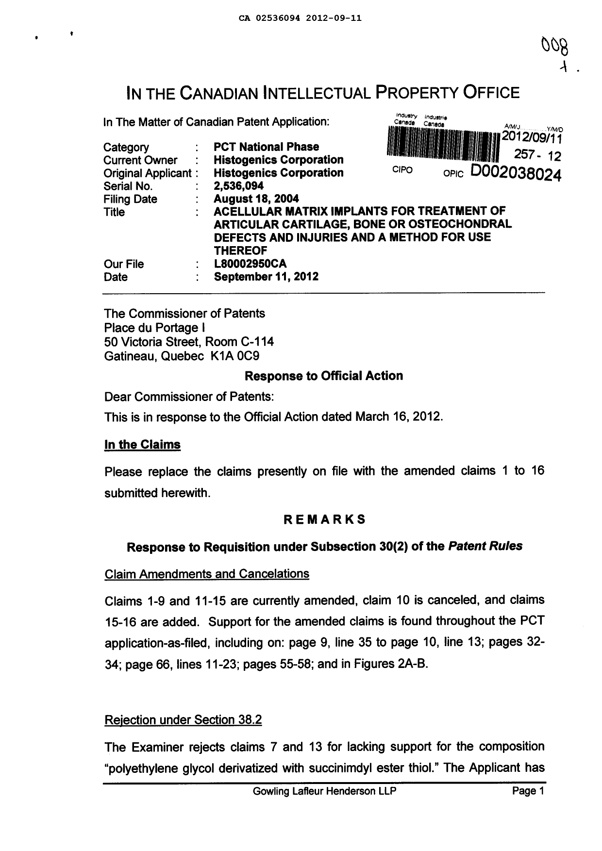 Canadian Patent Document 2536094. Prosecution-Amendment 20120911. Image 1 of 6