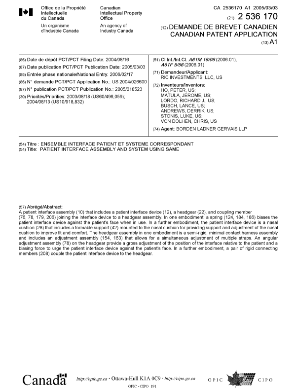 Document de brevet canadien 2536170. Page couverture 20060427. Image 1 de 1