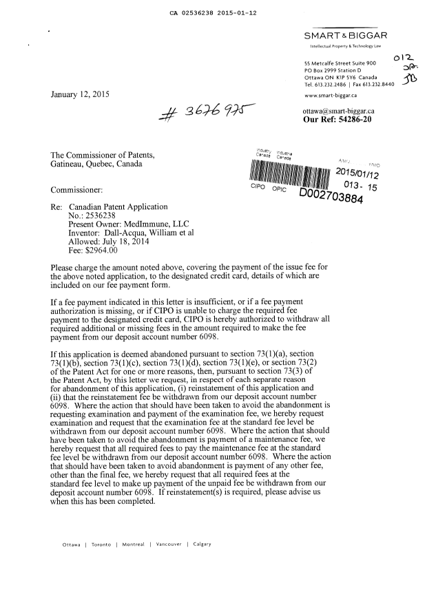 Document de brevet canadien 2536238. Correspondance 20150112. Image 1 de 2