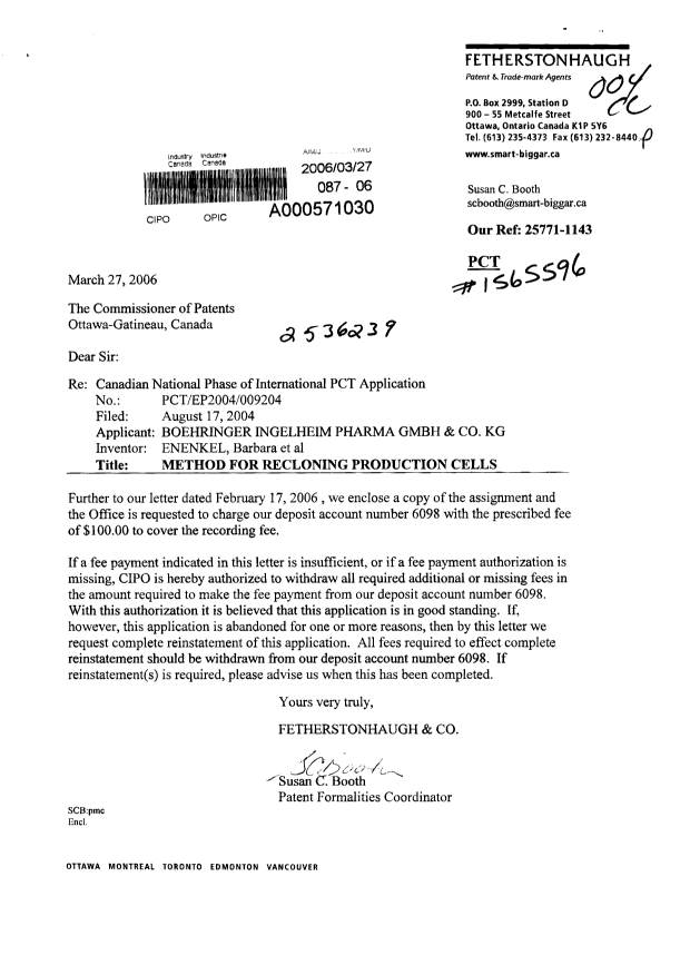 Document de brevet canadien 2536239. Cession 20060327. Image 1 de 3