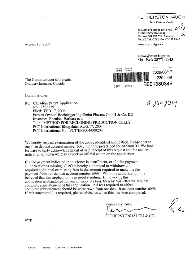 Document de brevet canadien 2536239. Poursuite-Amendment 20090817. Image 1 de 1
