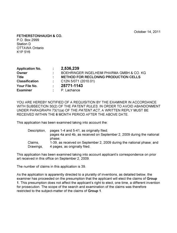 Document de brevet canadien 2536239. Poursuite-Amendment 20111014. Image 1 de 5