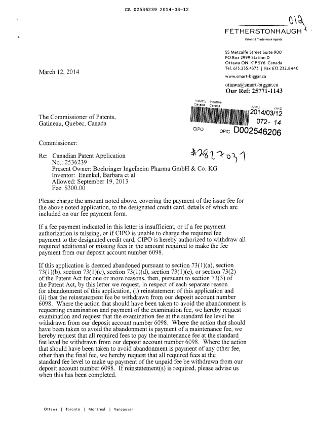 Document de brevet canadien 2536239. Correspondance 20140312. Image 1 de 2