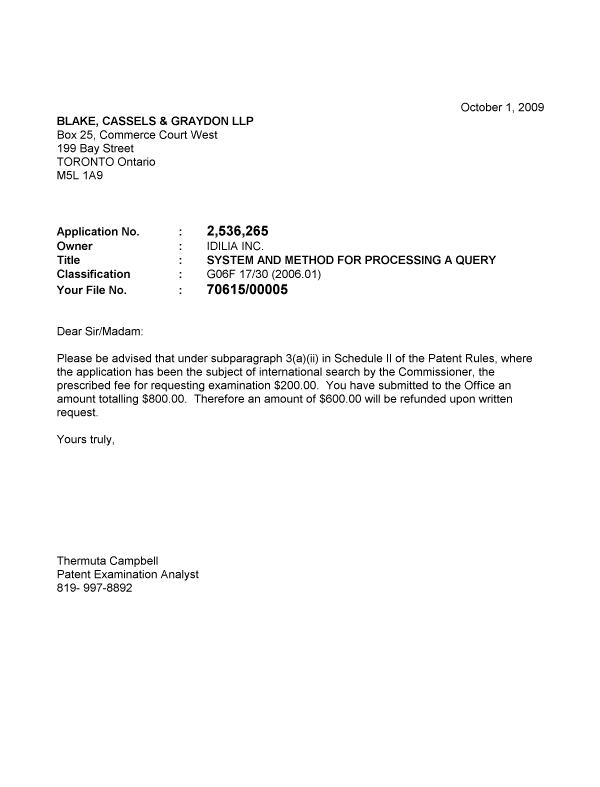 Canadian Patent Document 2536265. Correspondence 20081201. Image 1 of 1