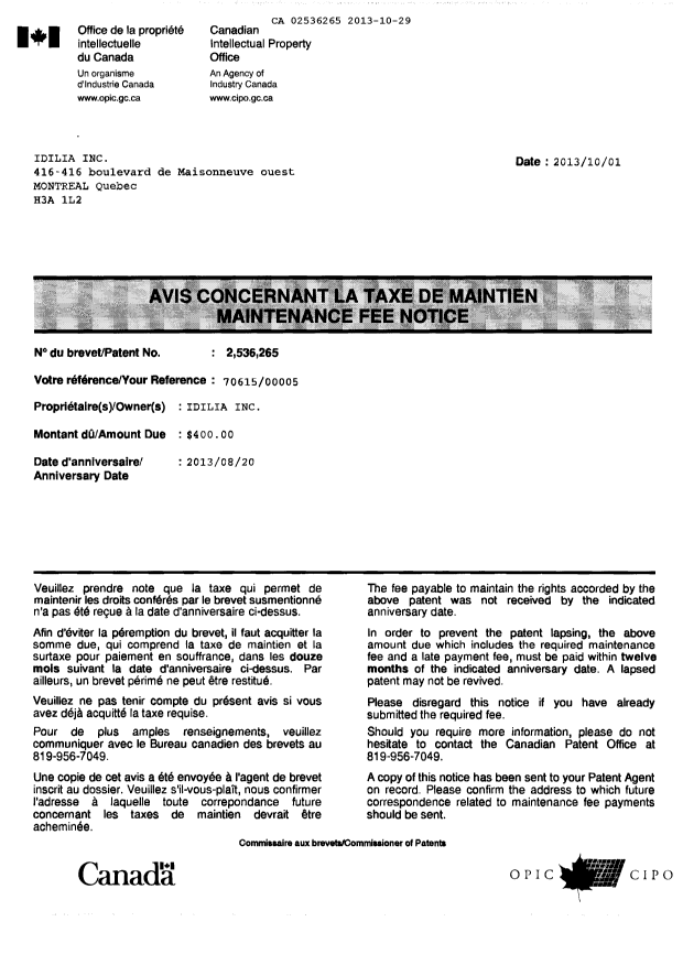 Canadian Patent Document 2536265. Correspondence 20121229. Image 1 of 3