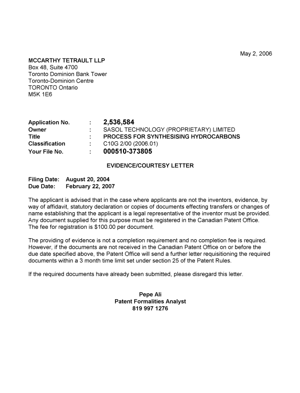 Canadian Patent Document 2536584. Correspondence 20051224. Image 1 of 1