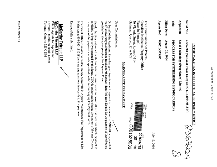 Document de brevet canadien 2536584. Taxes 20100719. Image 1 de 1