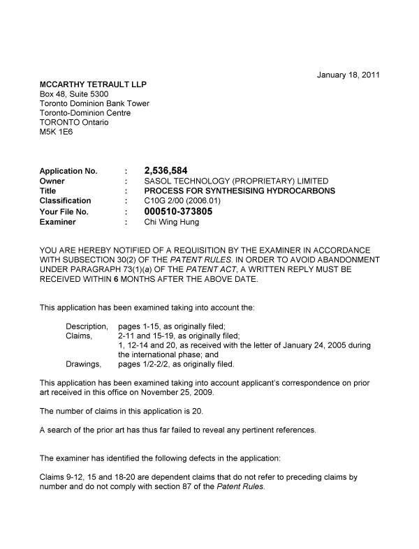 Canadian Patent Document 2536584. Prosecution-Amendment 20101218. Image 1 of 2