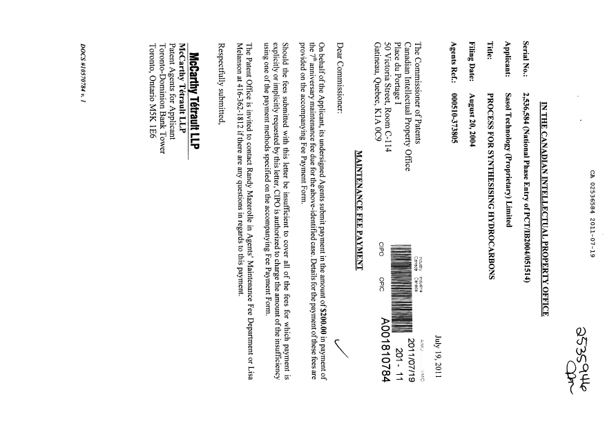 Document de brevet canadien 2536584. Taxes 20110719. Image 1 de 1