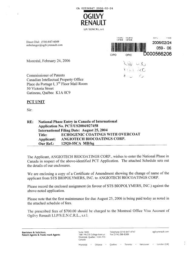 Document de brevet canadien 2536947. Cession 20060224. Image 1 de 11