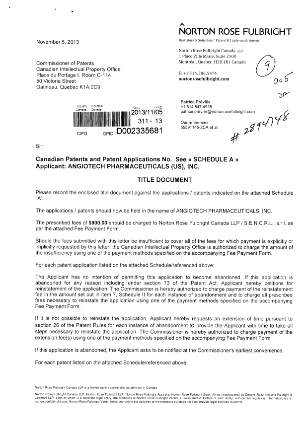 Document de brevet canadien 2536947. Cession 20131105. Image 1 de 7