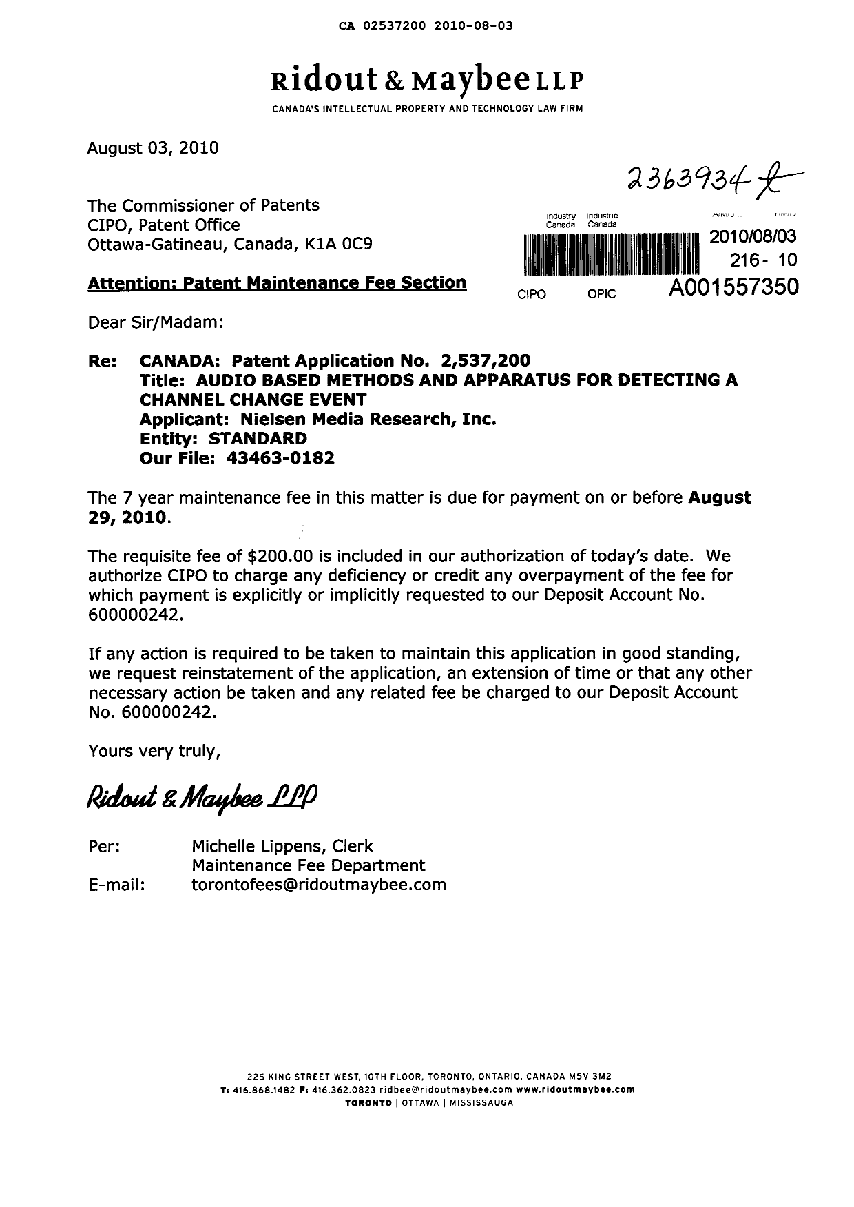 Canadian Patent Document 2537200. Fees 20100803. Image 1 of 1