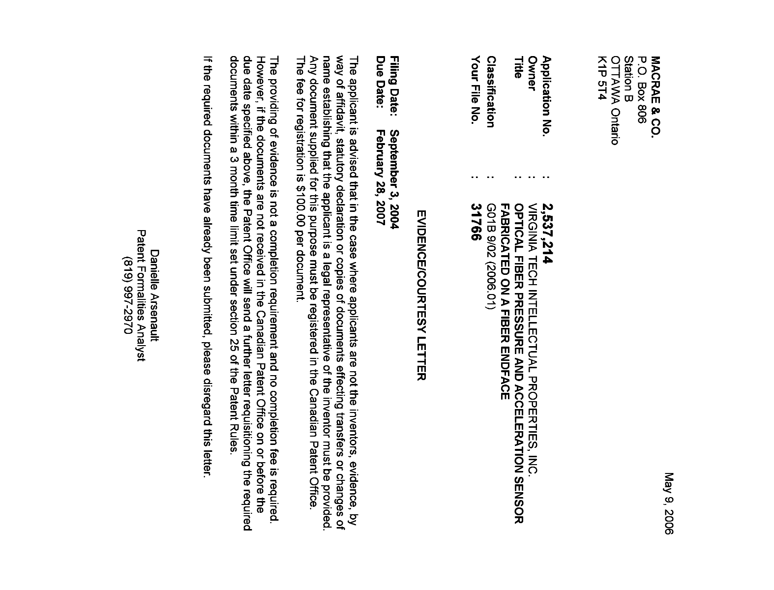 Document de brevet canadien 2537214. Correspondance 20051203. Image 1 de 1