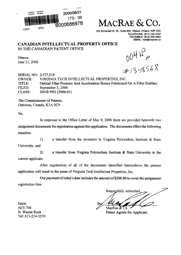 Document de brevet canadien 2537214. Cession 20051221. Image 1 de 11