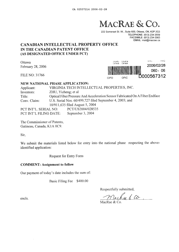 Document de brevet canadien 2537214. Cession 20051228. Image 1 de 3