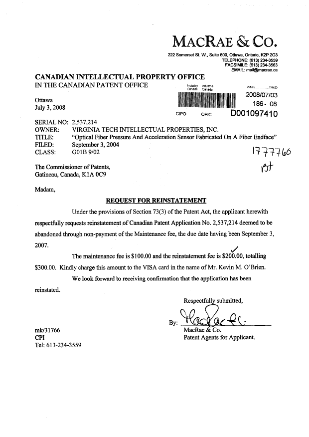 Canadian Patent Document 2537214. Fees 20071203. Image 1 of 1