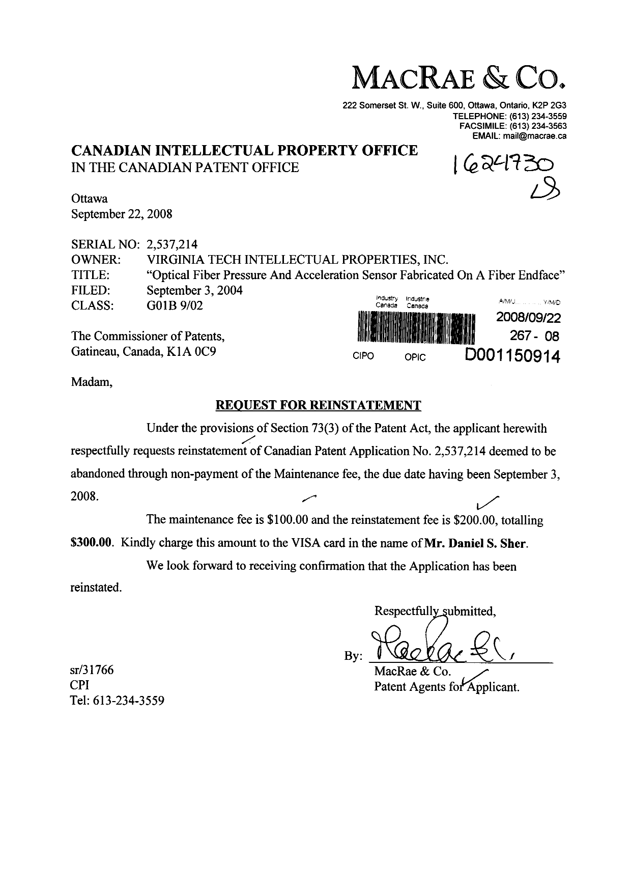 Canadian Patent Document 2537214. Fees 20080922. Image 1 of 1
