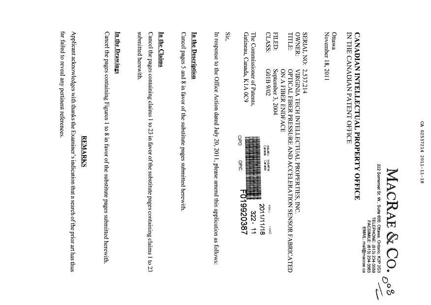Canadian Patent Document 2537214. Prosecution-Amendment 20101218. Image 1 of 11