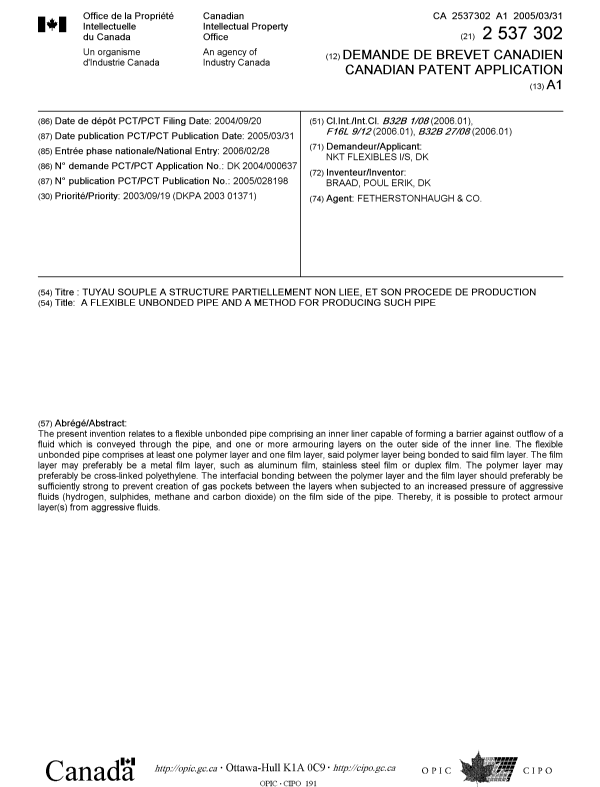 Document de brevet canadien 2537302. Page couverture 20060508. Image 1 de 1