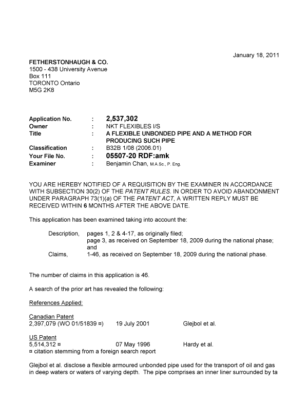 Document de brevet canadien 2537302. Poursuite-Amendment 20110118. Image 1 de 4