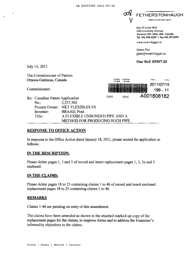 Document de brevet canadien 2537302. Poursuite-Amendment 20110715. Image 1 de 24