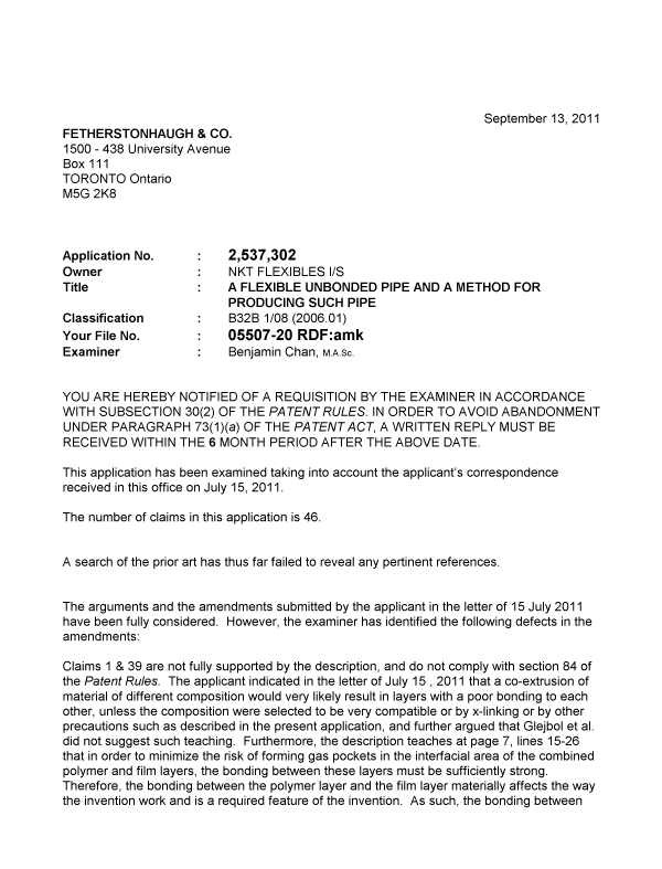 Document de brevet canadien 2537302. Poursuite-Amendment 20110913. Image 1 de 2