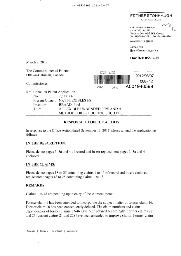 Canadian Patent Document 2537302. Prosecution-Amendment 20120307. Image 1 of 23
