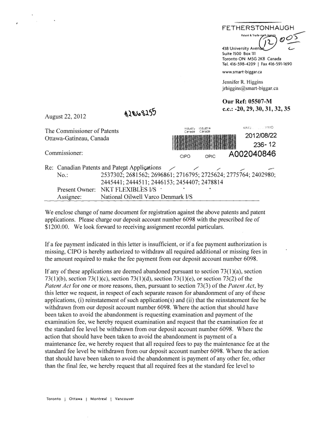 Document de brevet canadien 2537302. Cession 20120822. Image 1 de 3