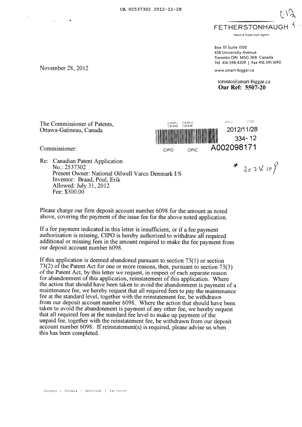 Document de brevet canadien 2537302. Correspondance 20121128. Image 1 de 2